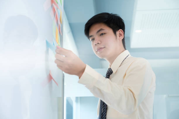 istock Young creative man picking best ideas on wall full of sticky notes. 1263073902