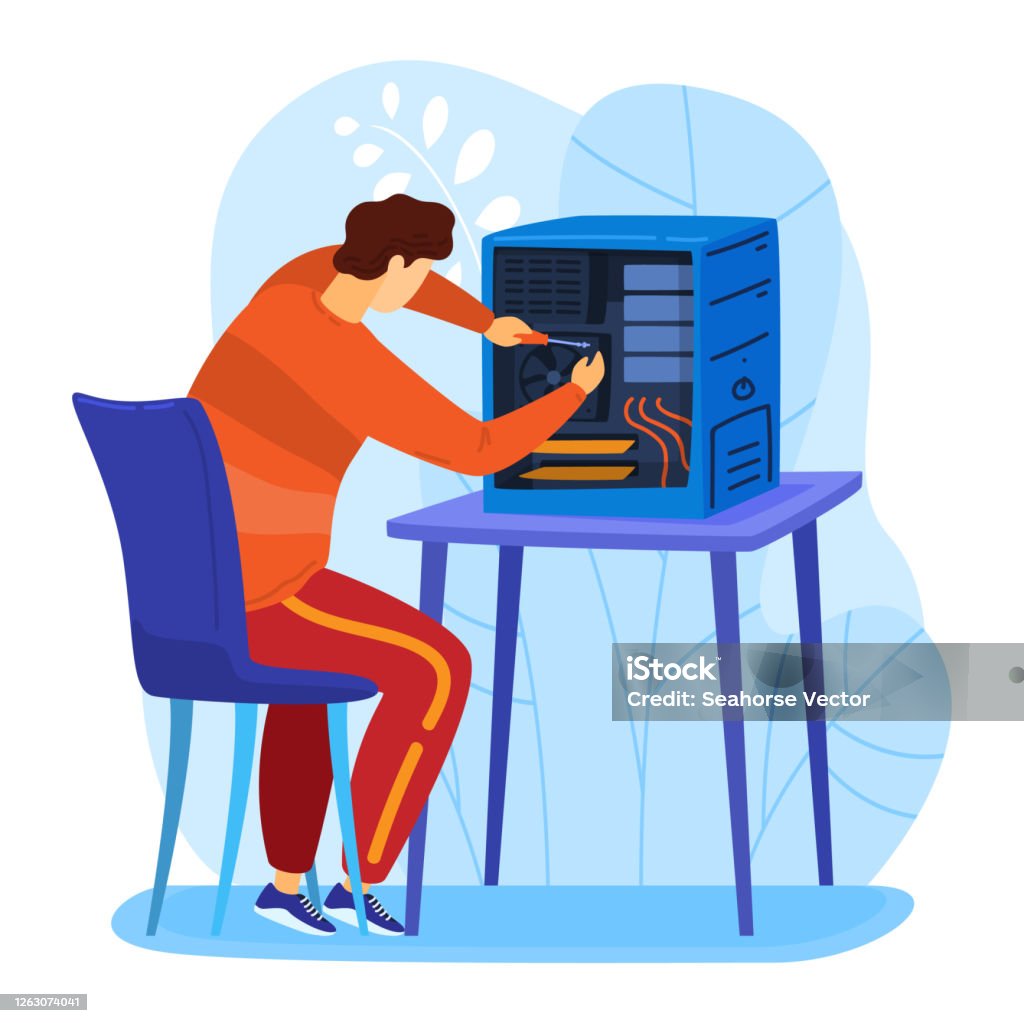 Male Character Engineer Repair Personal Computer Labour Fix Computing ...