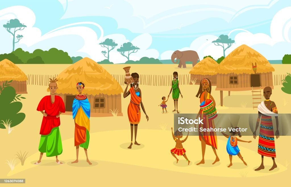 Tribe Ethnic People In Africa Flat Vector Illustration Cartoon African  Woman With Jug Family Characters Standing Near Huts Houses Stock  Illustration - Download Image Now - iStock