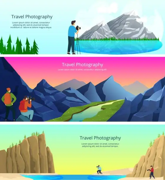 Vector illustration of Travel photography flat vector illustration set, cartoon traveler photographer people hiking, shooting mountainous landscape banners