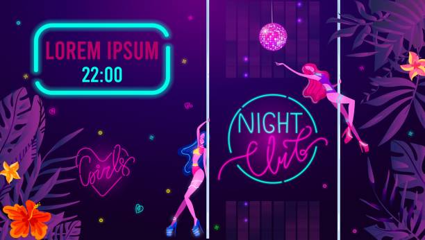 istock Night club invitation with girls, disco music glow, bright light vector illustration. Sexy girls dancing in disco bodysuit. 1263074317
