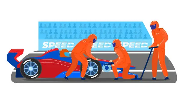 Vector illustration of Professional pitstop team, male character together service open-wheel single-seater racing car sport car isolated on white, cartoon vector illustration.