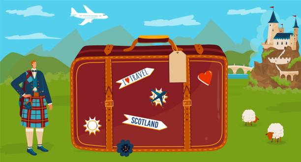 スコットランドのベクトルイラスト、大きな観光スーツケースのシンボルで立っている伝統的なキルトの漫画フラット小さなスコットランドのキャラクターへの旅行 - big country点のイラスト素材／クリップアート素材／マンガ素材／アイコン素材