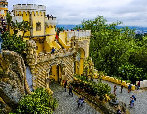 Sintra, Portugal- 05/31/2018; View of Pena Palace near Sintra, Portugal,from above on cloudy day