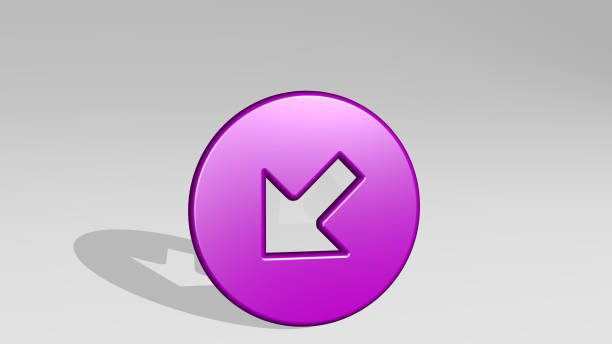 arrow thick circle bottom left corner stand with shadow. 3D illustration of metallic sculpture over a white background with mild texture