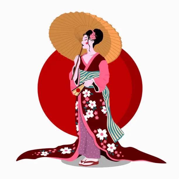 Vector illustration of Woman in kimono with umbrella. Color vector flat cartoon illustration.