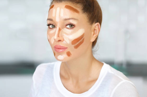 contouring.make up woman face. contour and highlight makeup - desenho do contorno imagens e fotografias de stock