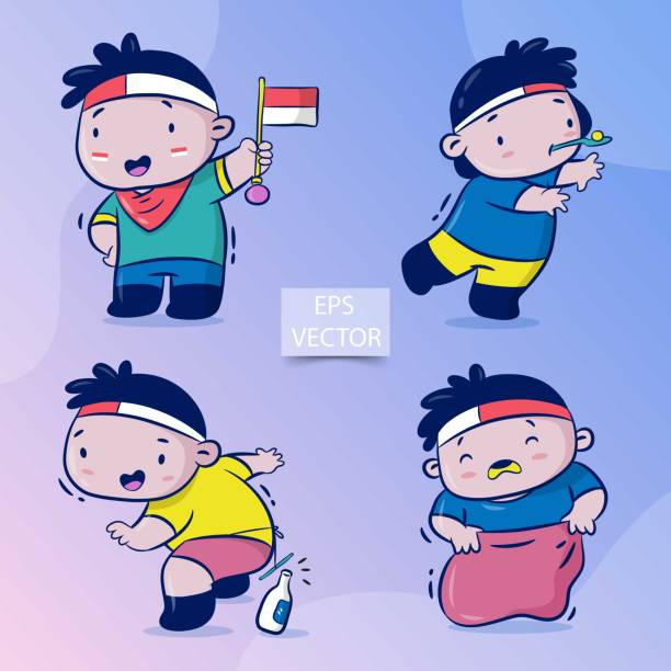 ilustrações, clipart, desenhos animados e ícones de dia da independência da indonésia - child playing sack race sports race