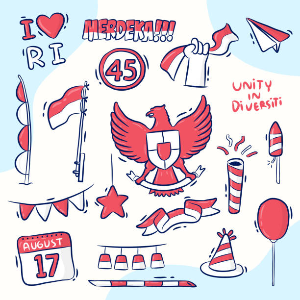 Indonesia Independence Day Element design for Indonesia Independence Day, hand drawn style, Merdeka means independent garuda pancasila stock illustrations