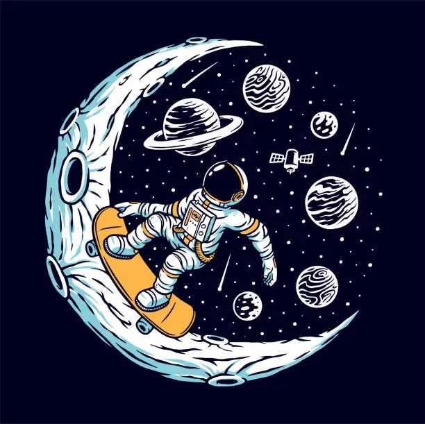 Vector illustration of Astronaut skateboarding on the moon vector illustration