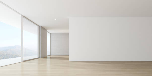 istock Modern empty room with wooden floor and large window on mountain background. 3d render. 1263087091