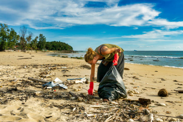 istock Female environmentalist tropical beach pollution cleanup 1263087956