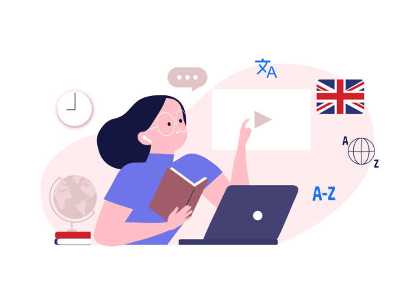 online sprachschule und kurse flache vektor-illustration. frau, die eine lektion auf der website beobachtet, lernen englisch fremdsprache, online-training, e-learning. kommunikation von ausländern über das internet - england talking classroom education stock-grafiken, -clipart, -cartoons und -symbole