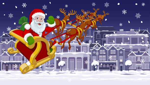 산타 클로스 썰매 크리스마스 밤 거리 눈 장면 - chris snow stock illustrations