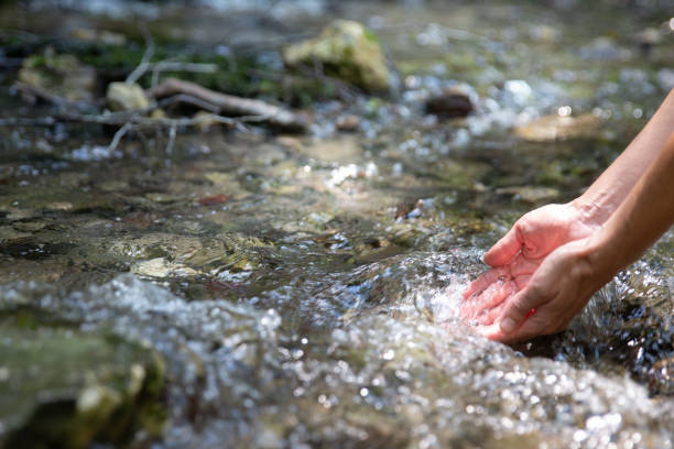 istock Female hands touching pure clear mountain water 1263094760
