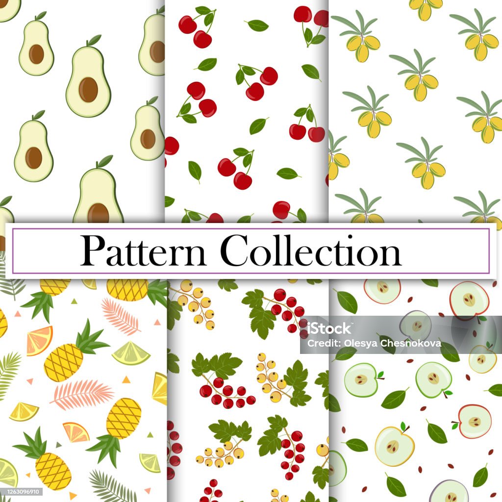 Buah Pattern Set Collection Of Fruit And Berry Patterns Vector Illustration White ...