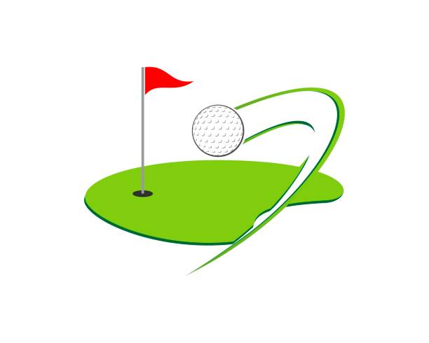 illustrations, cliparts, dessins animés et icônes de terrain de golf avec la boule volante au trou - golf athlete