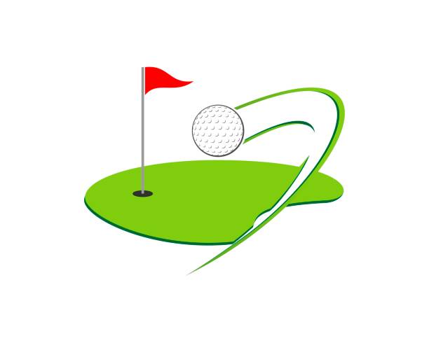 illustrazioni stock, clip art, cartoni animati e icone di tendenza di campo da golf con palla volante alla buca - golf golf club sport golf ball