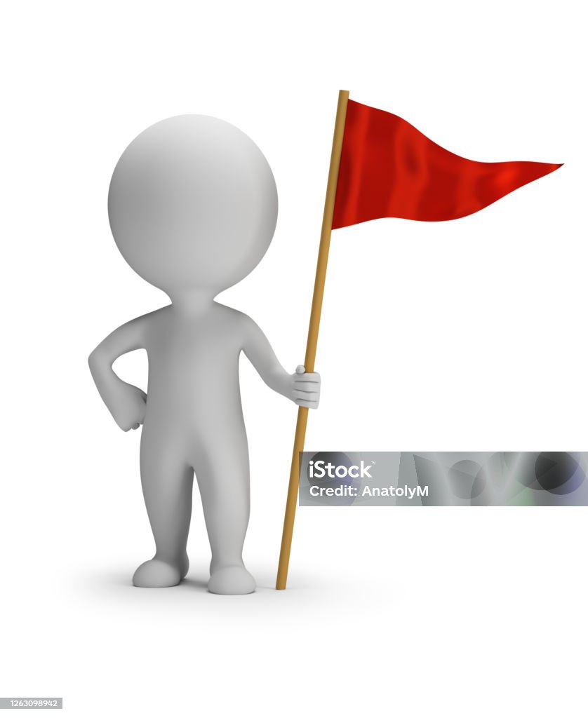 3d small people - red flag 3d small person with a red flag. 3d image. White background. Three Dimensional Stock Photo