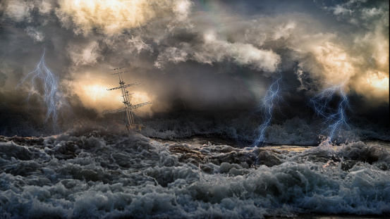 Silhouette of sailing old ship in stormy sea with lightning bolts and amazing waves and dramatic sky. Collage in the style of marine painter like Aivazovsky.