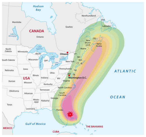 북미의 가상 허리케인의 회로도 벡터 지도 - hurricane florida stock illustrations
