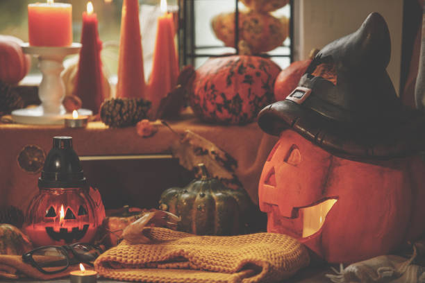 istock Front view of decorative smiley Halloween pumpkins 1263101651
