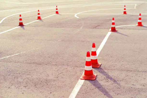 Playground with cones in the school of driving passing the exam for obtaining a car license