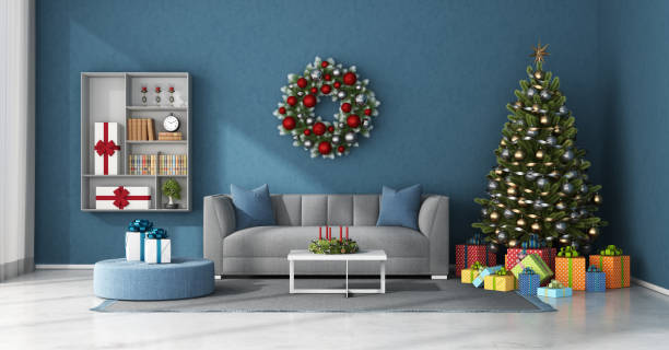 istock Blue living room with Christmas decoration 1263103260