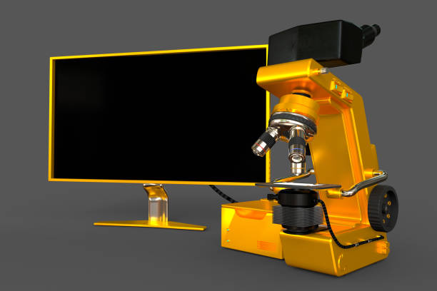 istock orange scientific microscope, system block and empty screen isolated, realistic medical 3d illustration with fictional design, physics research concept 1263103368