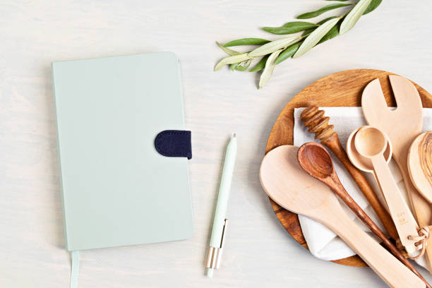 istock Notepad and kitchenware mock up. Home cooking, recipe book template. Top view, copy space 1263104807
