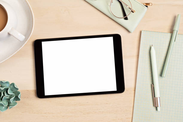 istock Styled minimal desktop mockup with organic color stationary, coffee cup, notepad. Freelancer, social media blogger concept. Flat lay, top view, copy space. 1263104825