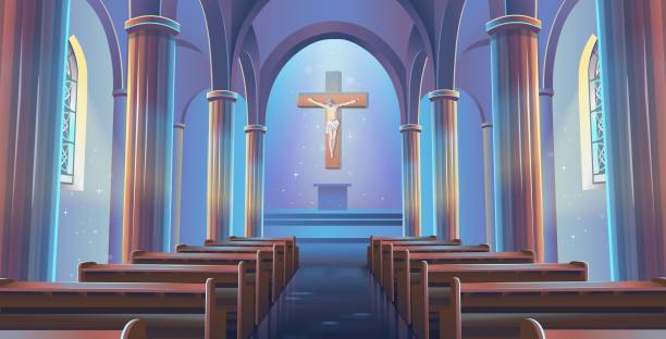 ilustrações de stock, clip art, desenhos animados e ícones de cathedral church view inside. interior of catholic church with jesus on the cross. cartoon vector illustration - cathedral architecture old church