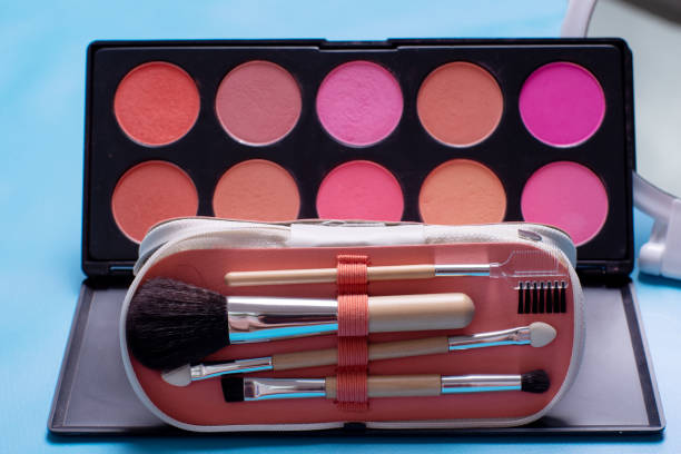 Cosmetic bag with brushes on a blue background, travel kit, flat palette with shadows and blushes, selective focus