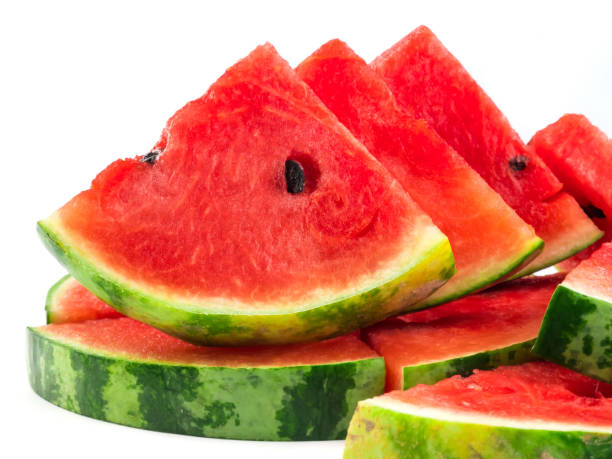 istock Pile of fresh sliced watermelon on white background. 1263110642