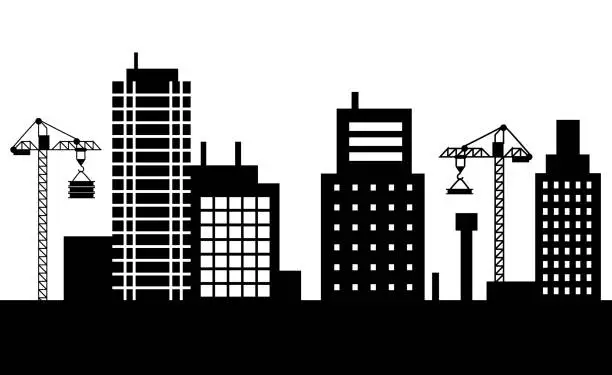 Vector illustration of Cityscape Monochrome Buildings and Cranes Vector