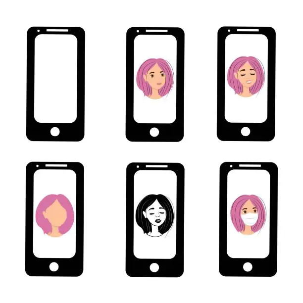 Vector illustration of Girl with purple hair on the phone screen. Emotions of a woman on the screensaver of a smartphone. Remote communication using gadgets. Stock vector illustration for business, internet, social networks