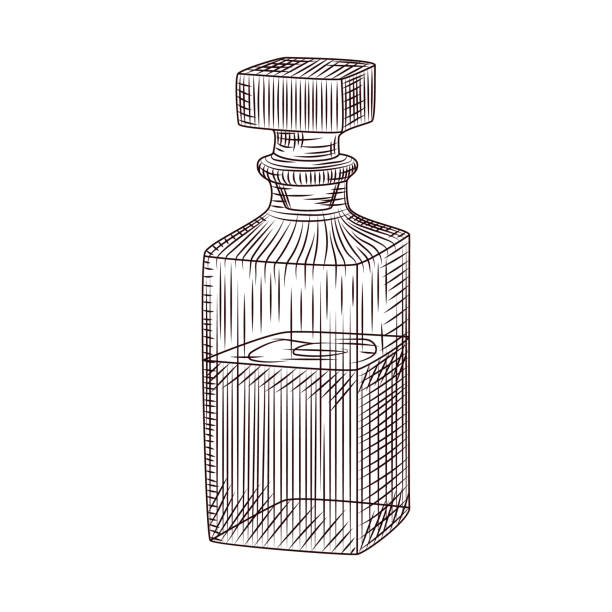 ilustraciones, imágenes clip art, dibujos animados e iconos de stock de boceto decantador de vidrio de alcohol dibujado a mano aislado sobre fondo blanco. - gin decanter whisky bottle