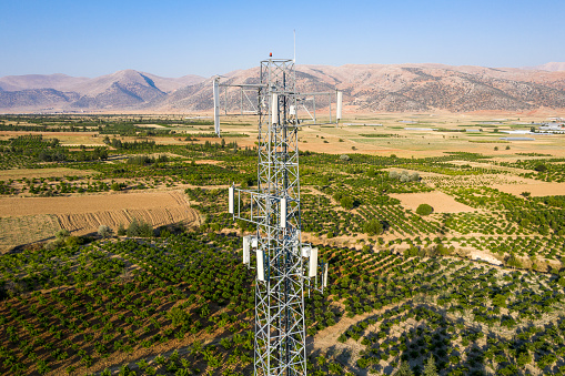 Communications Tower in field. Antalya, Turkey. Taken via drone.