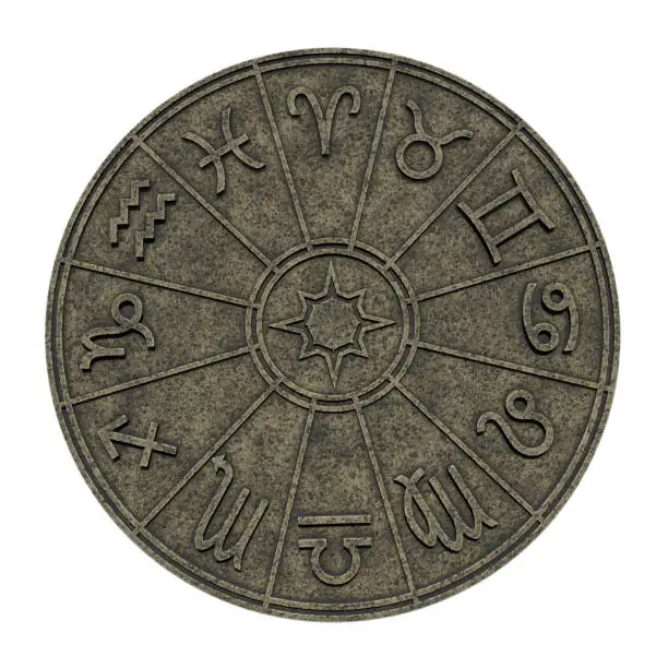 Astrological zodiac signs inside of stone horoscope circle