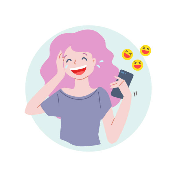 Laughing girl with a phone vector art illustration