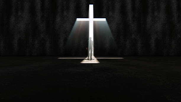 istock Man walking toward a huge cross passage 1263119997
