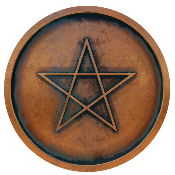 symbol pogaństwa na miedzianej metalowej monecie - pentangle zdjęcia i obrazy z banku zdjęć