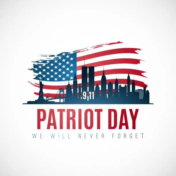 Vector illustration of Patriot day banner with New York skyline, American flag and text We will never forget. September 11, 2001. Vector illustration.