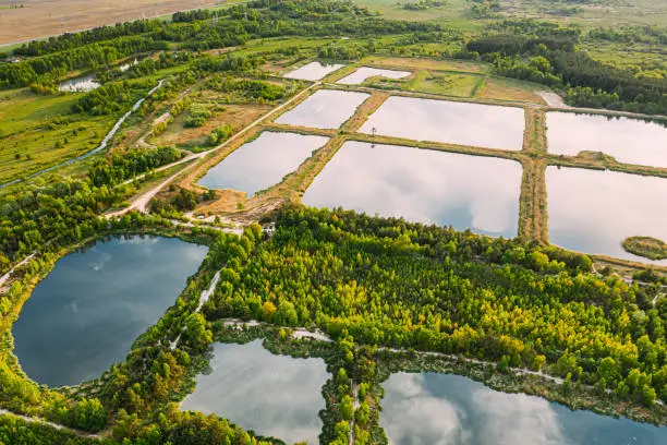 Aerial View Retention Basins, Wet Pond, Wet Detention Basin Or Stormwater Management Pond, Is An Artificial Pond With Vegetation Around The Perimeter, And Includes A Permanent Pool Of Water In Its Design.