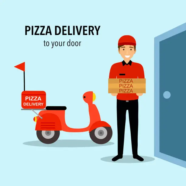 Vector illustration of Pizza delivery man holding pizza cardboard boxes in front of his scooter. Pizza boy deliver pizza at customer house concept vector illustration. Fast food delivery service in flat design.