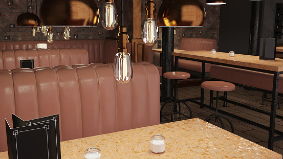 3d illustration of an empty restaurant with booths and barstools.
