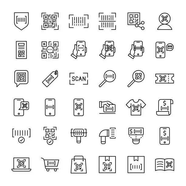 Vector illustration of bar code and qr code scaning 36 outline icons