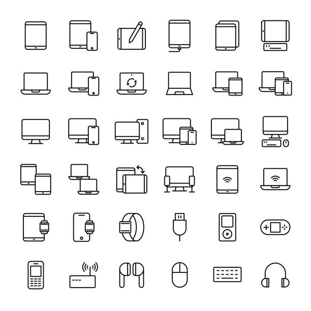illustrations, cliparts, dessins animés et icônes de périphérique, tablette, ordinateur portable et ordinateur 36 icônes de contour - symbol computer icon digital display sign