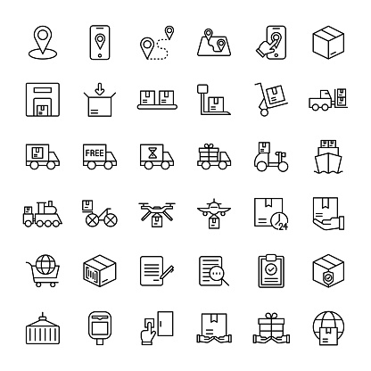 parcel and delivery service 36 outline icons vector
