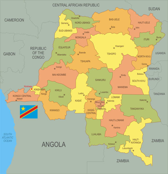 płaska mapa demokratycznej republiki konga
 z flagą - zaire emery stock illustrations